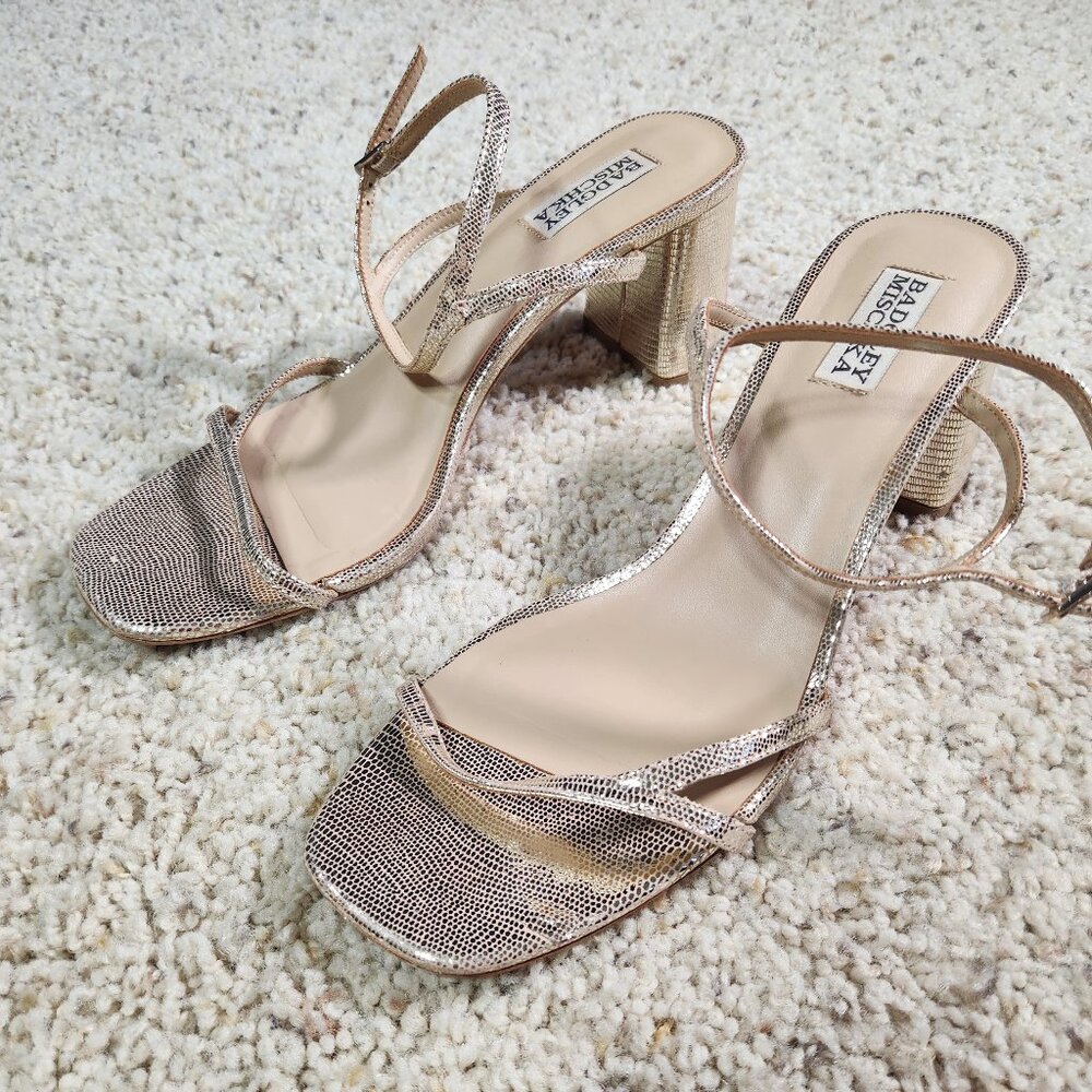 Badgley Mischka Metallic Gold Strappy Block Heel Sandals [9.5] Evening Wedding